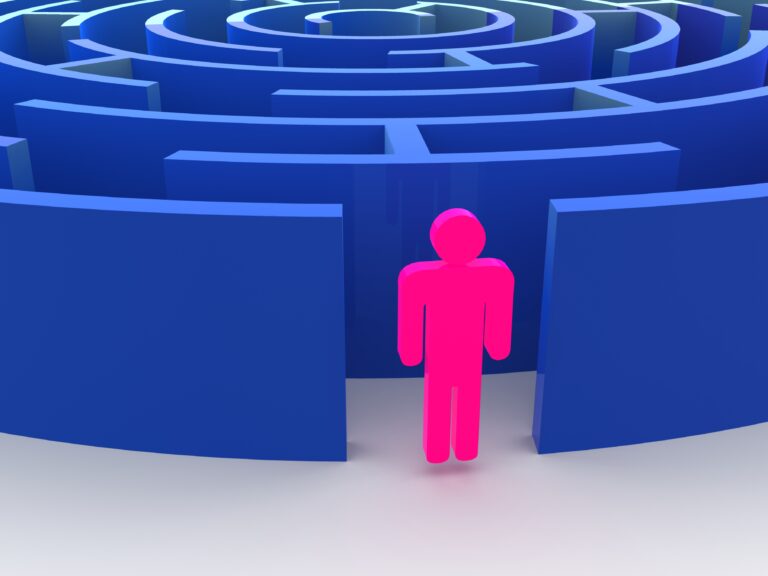 Graphic of blue maze and pink human figure at entrance