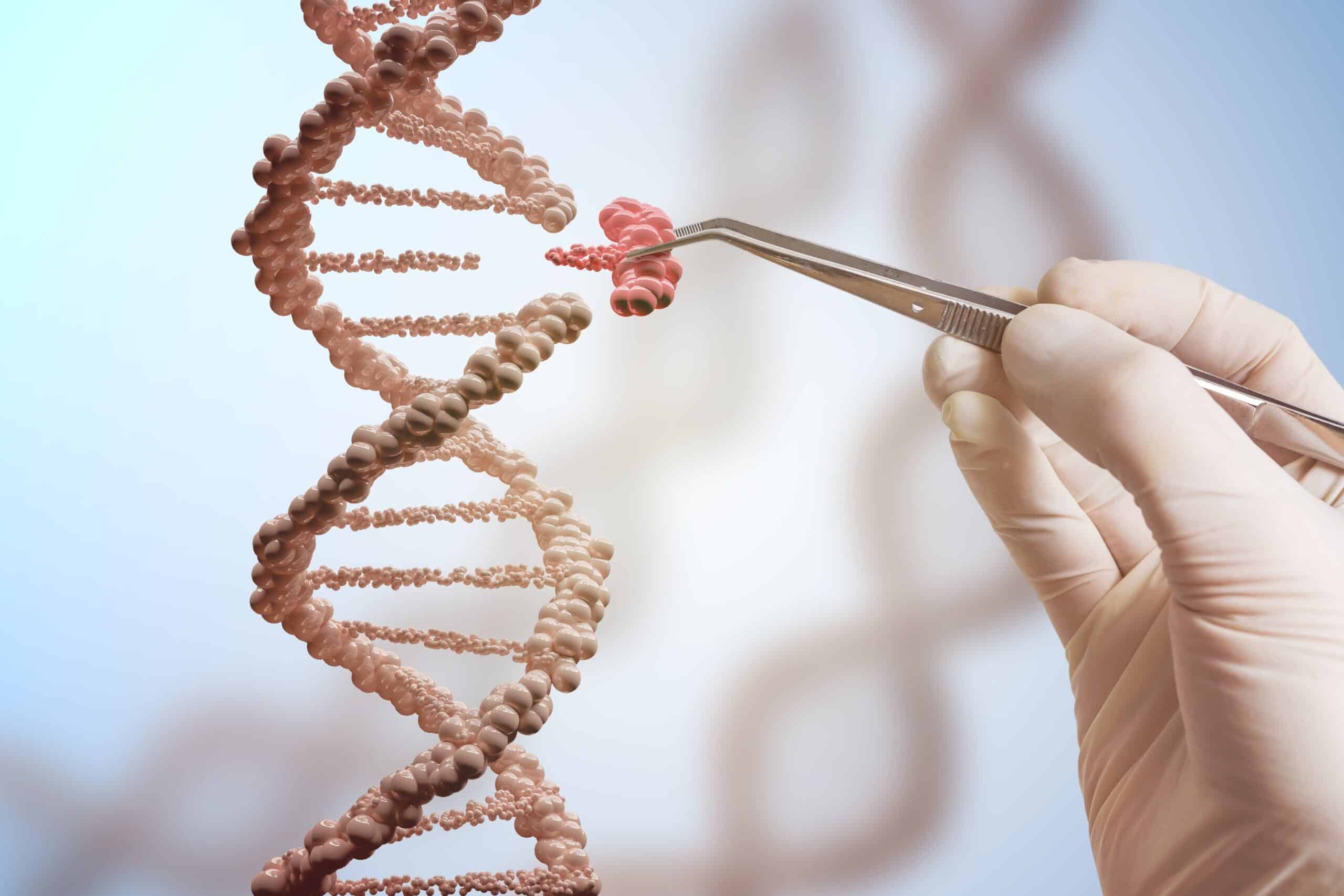 Hand replacing part of DNA molecule in graphic, gene editing concept